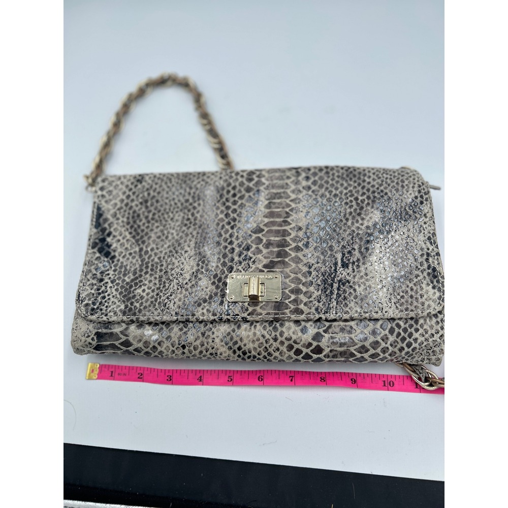 Elliott Lucca Grey Snakeskin Embossed Leather Clutch Shoulder Bag Gold Chain